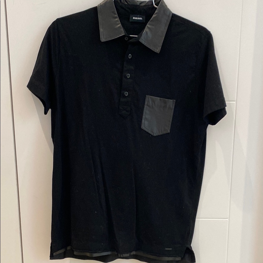 Diesel Black Polo Shirt faux leather accents